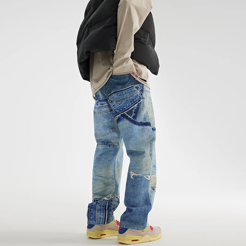 Fashion Fake Patchwork Printed Denim Jeans Mens New Casual Zipper Straight Loose Jeans Streetwear Hip Hop Baggy Pants Joggers