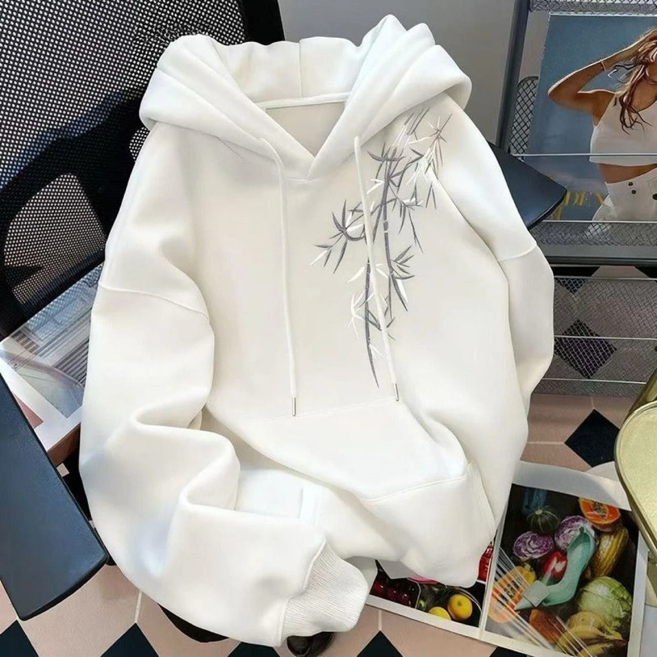 Retro Bamboo Print Hooded Sweatshirt Fleece Lined Loose Pullover Autumn Winter Casual Couple Streetwear Hoodie
