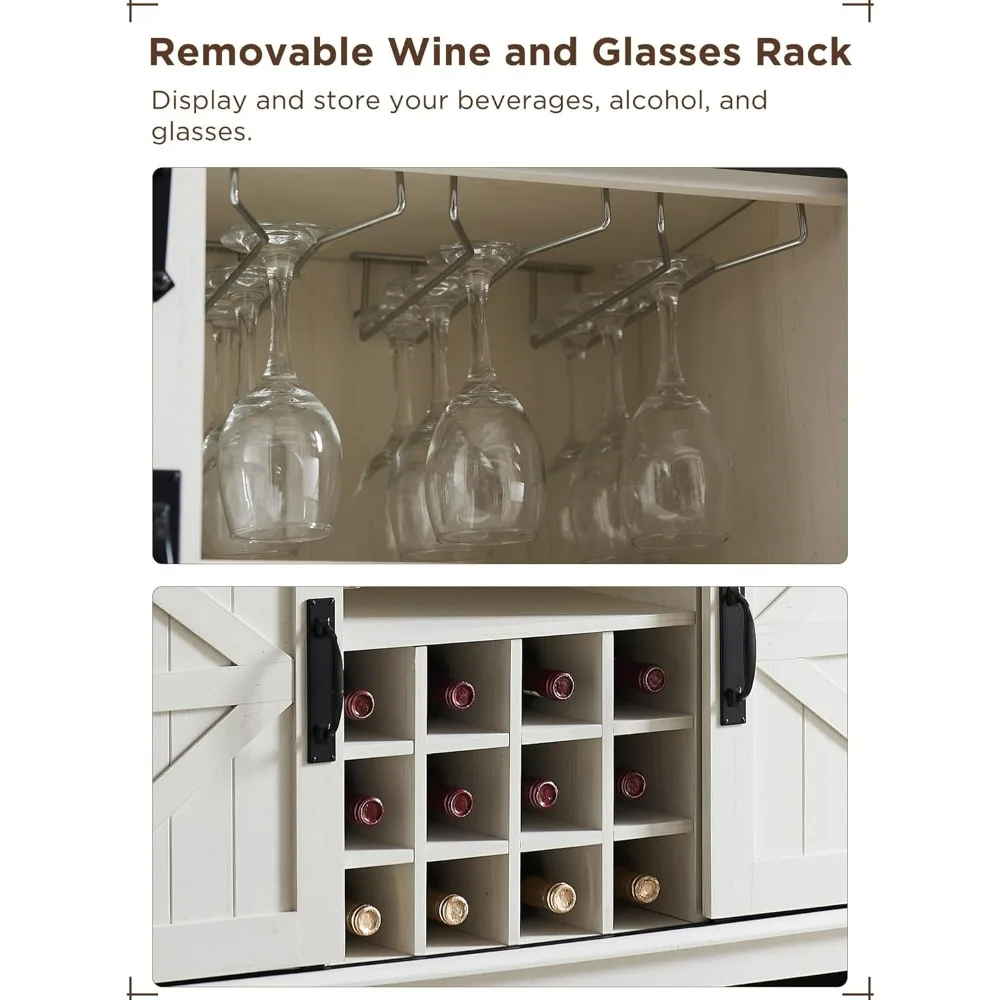 Deslizante Celeiro Porta Vinho e Vidro Rack Cabinet, Buffet Aparador para Sala de Jantar, Cozinha, Café, W/Porta Deslizante, 54"