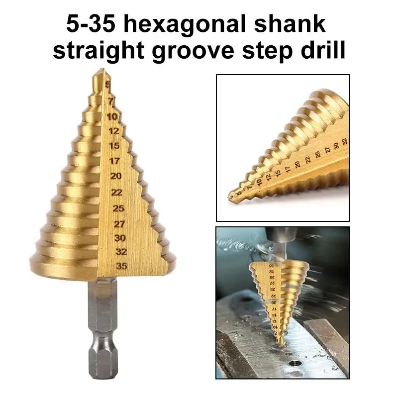 【xxx】Gold Titanium Plate Pagoda Drill Hexagonal Straight Groove Step Drill Bit Wood Plastic Aluminum Hole Expand Tool Accessory