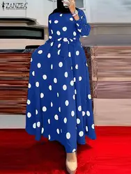 ZANZEA-Robe longue imprimée à pois pour femme, manches longues, col rond, taille haute, soirée décontractée, robe éducative, automne, 2023