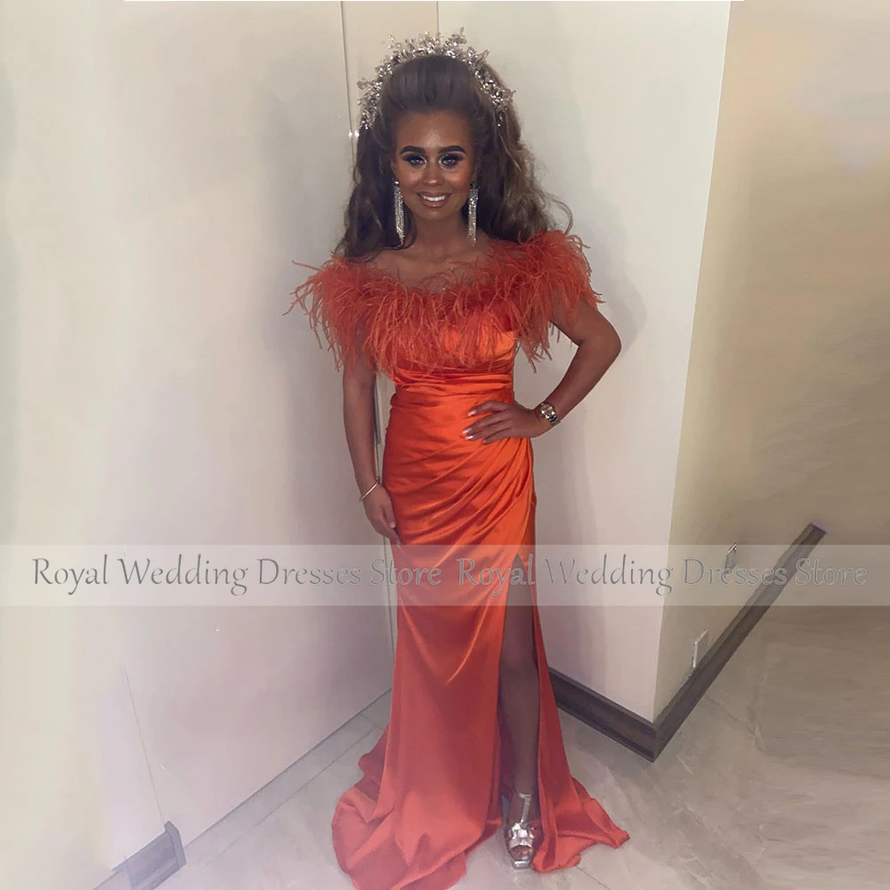 

Off The Shoulder Red Satin Cocktail Dress For Women Mermaid Cocktail Gown Sleeveless Party Gown With Feather