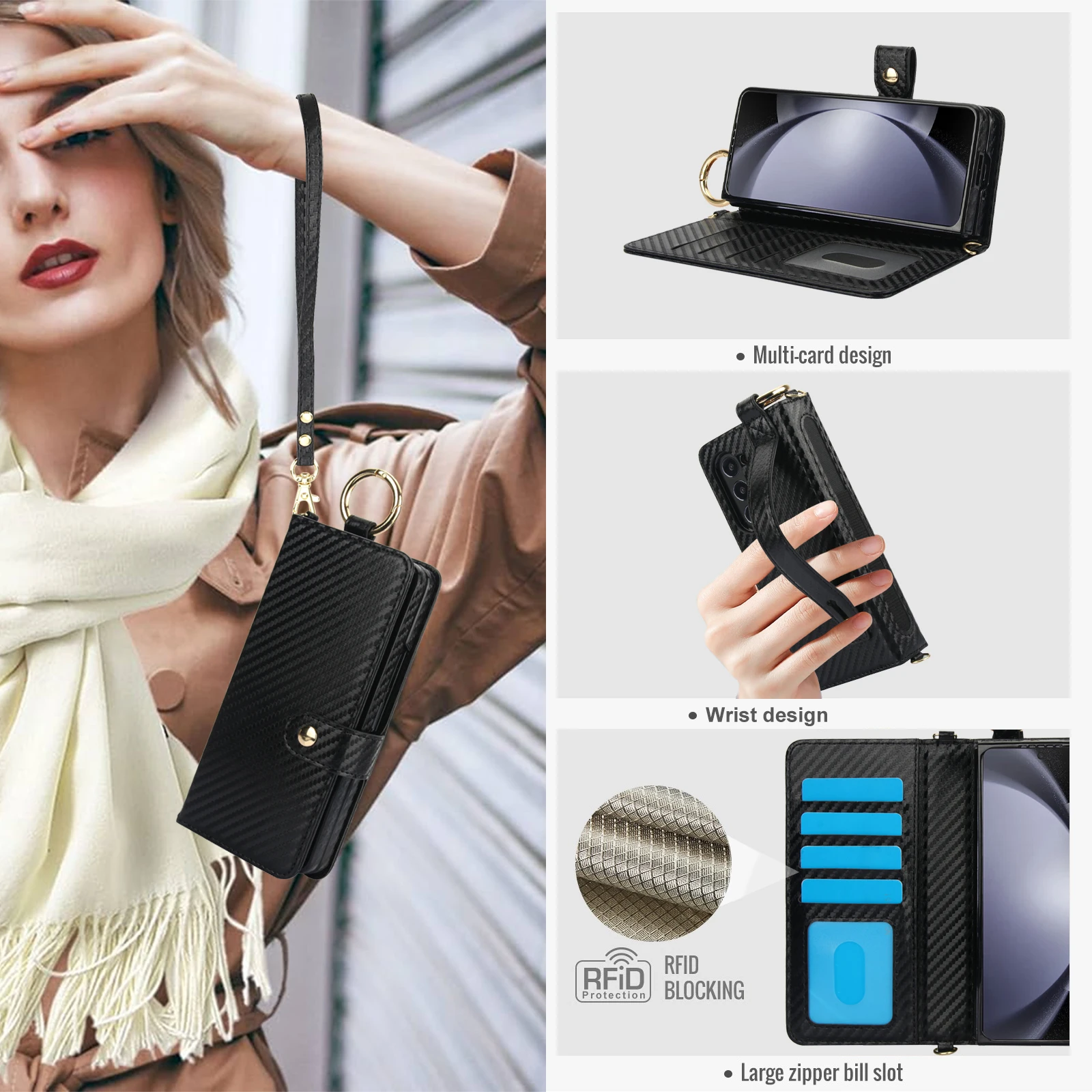 For Samsung Galaxy Z Fold 7 6 5 4 3 5G Crossbody Lanyard Leather Wallet Card Case Wrist Rope Flip Stand Cover With Pen Slot