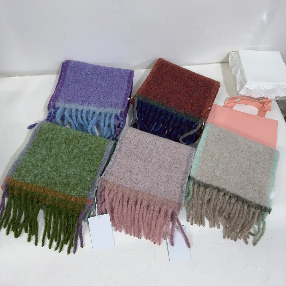 2024 new item mohair wool blend color blocking plaid rainbow fringe women's scarf for warmth and soft skin friendly couple scarf