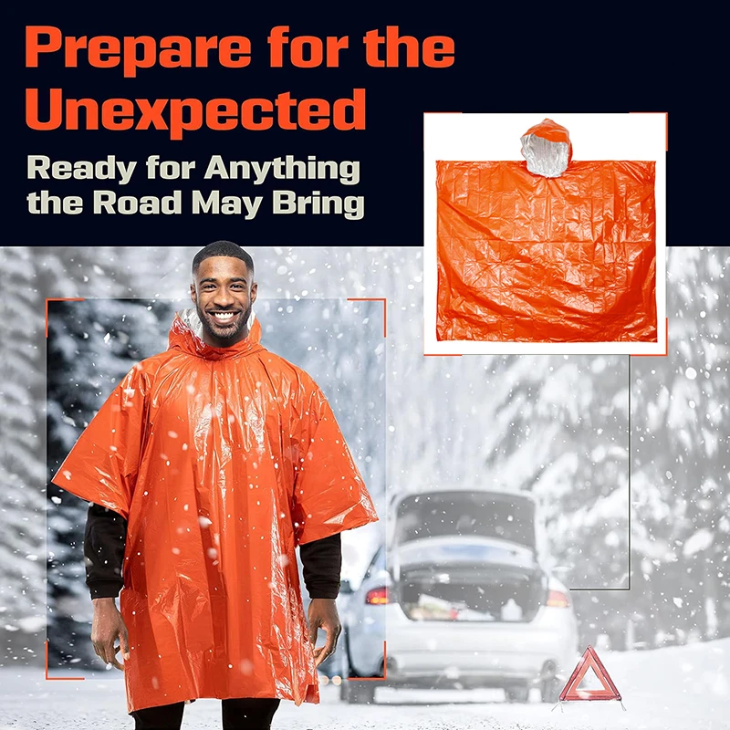 Emergency Rain Poncho with Mylar Blanket Liner - Survival Blankets for Car - Heavy Duty, Waterproof Camping Gear
