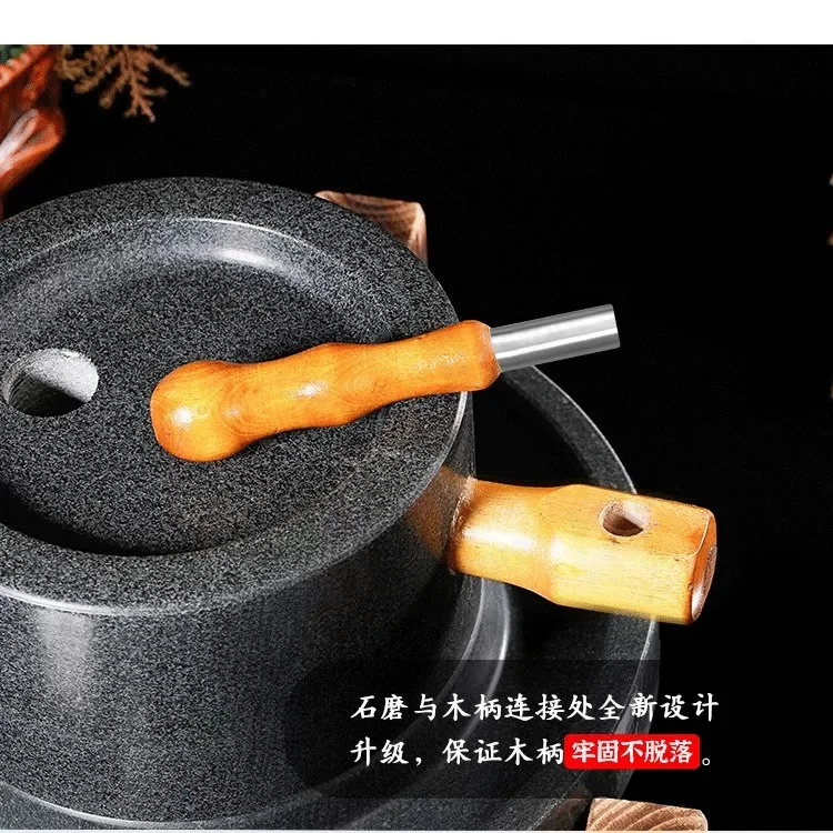 Vintage Mini Bluestone Mill, Handmade Stone Soybean Milk Grinder for Home, Traditional Tofu Making Tool with Wooden Handle