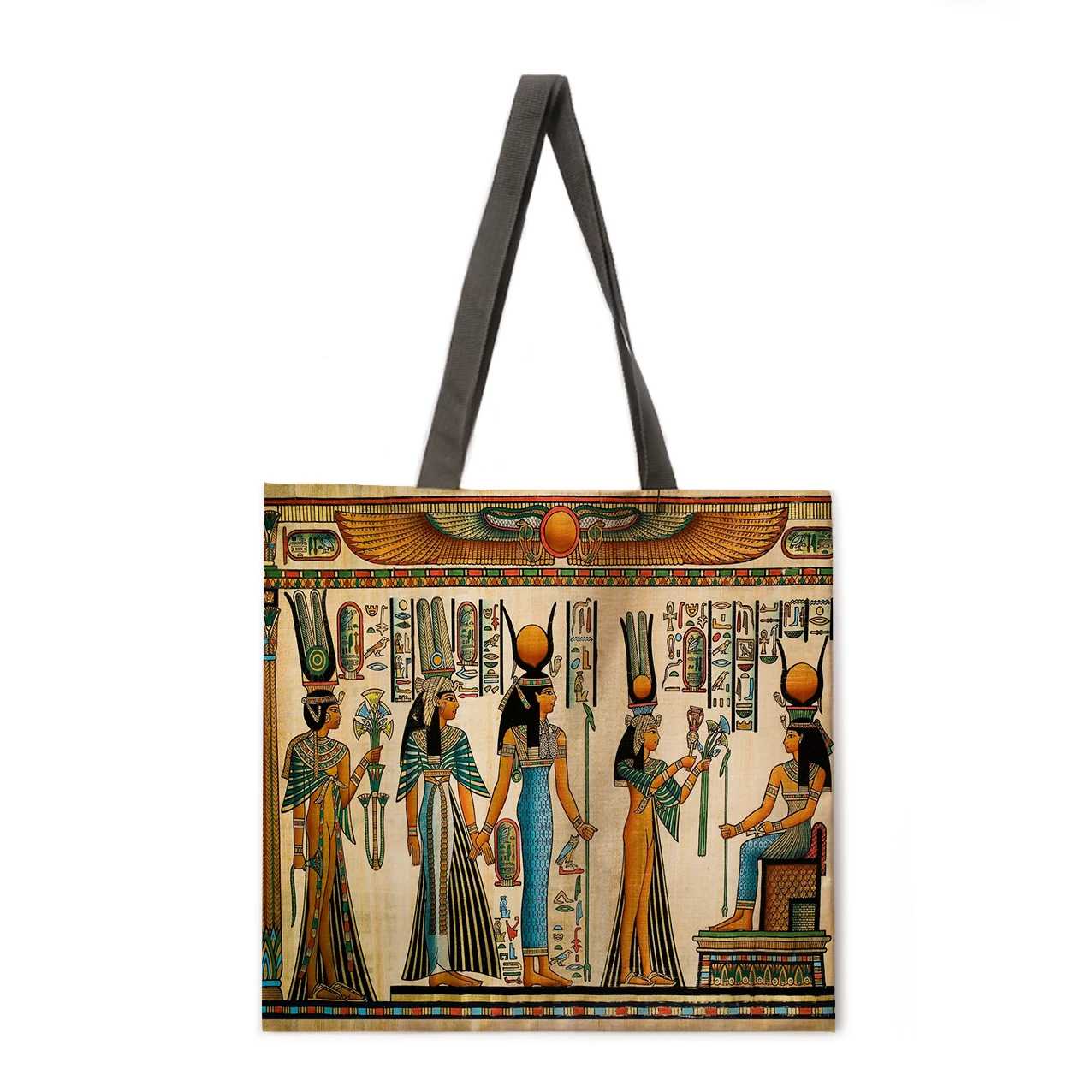 Ladies Bag Fashion Egyptian Mural Print Shoulder Shopping Bag Casual Ladies Bag Large Capacity Linen Tote Bag Handbag