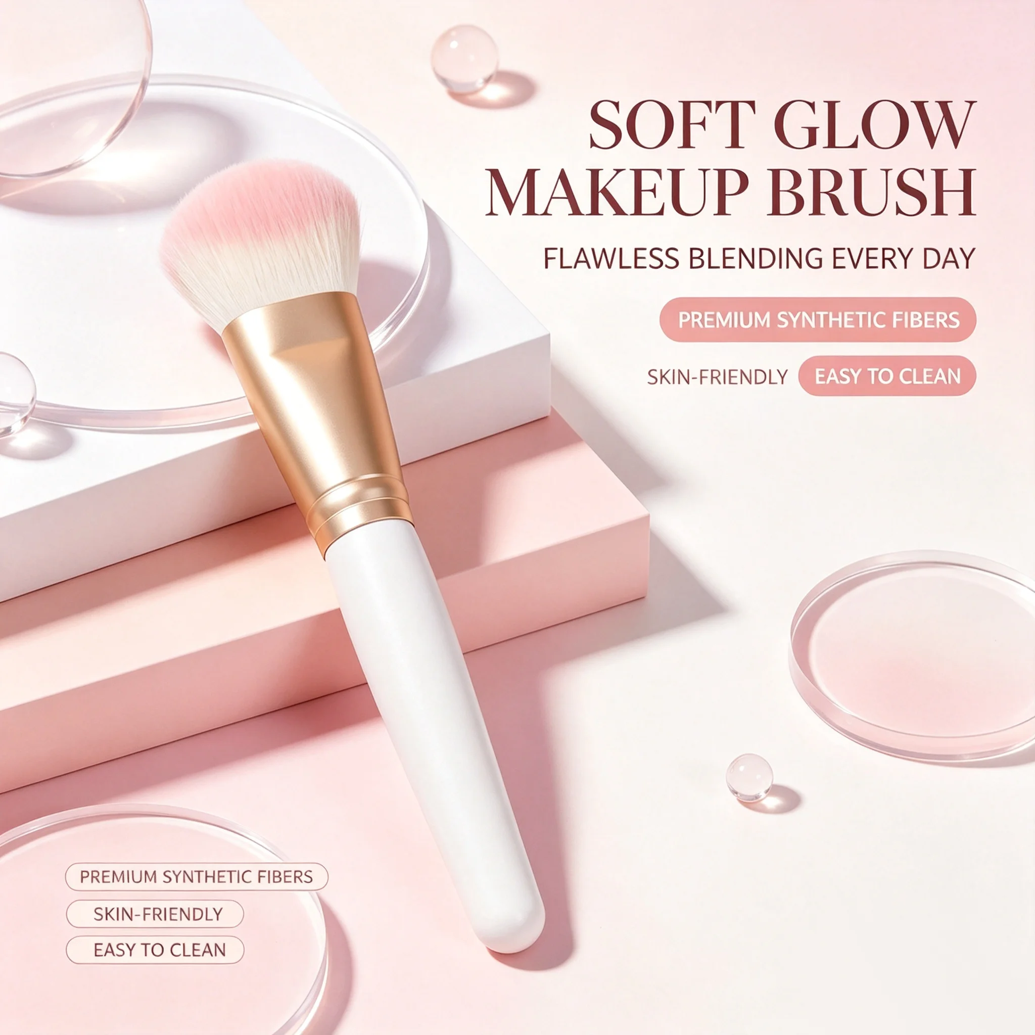Pink Fluffy Makeup Brush,Premium Synthetic Fiber Brush For Blush, Highlighter & Loose Powder