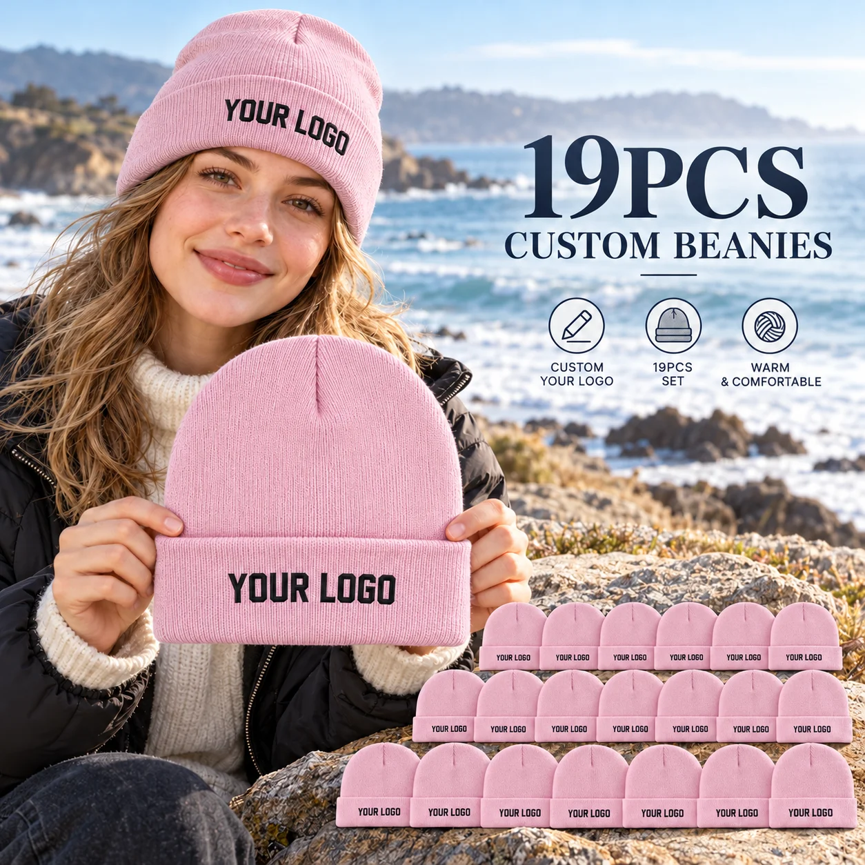 19pcs Customizable knitted beanie (featuring a front display area for a logo); a unisex winter hat ideal for teams, various
