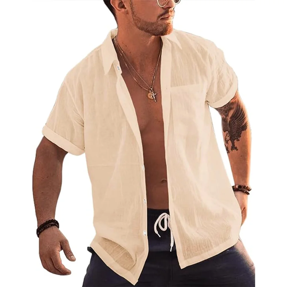 Mens Short Sleeve Button Up Shirts Linen Cotton Beach Tops Turn Down Collar Summer T Shirt with Pocket