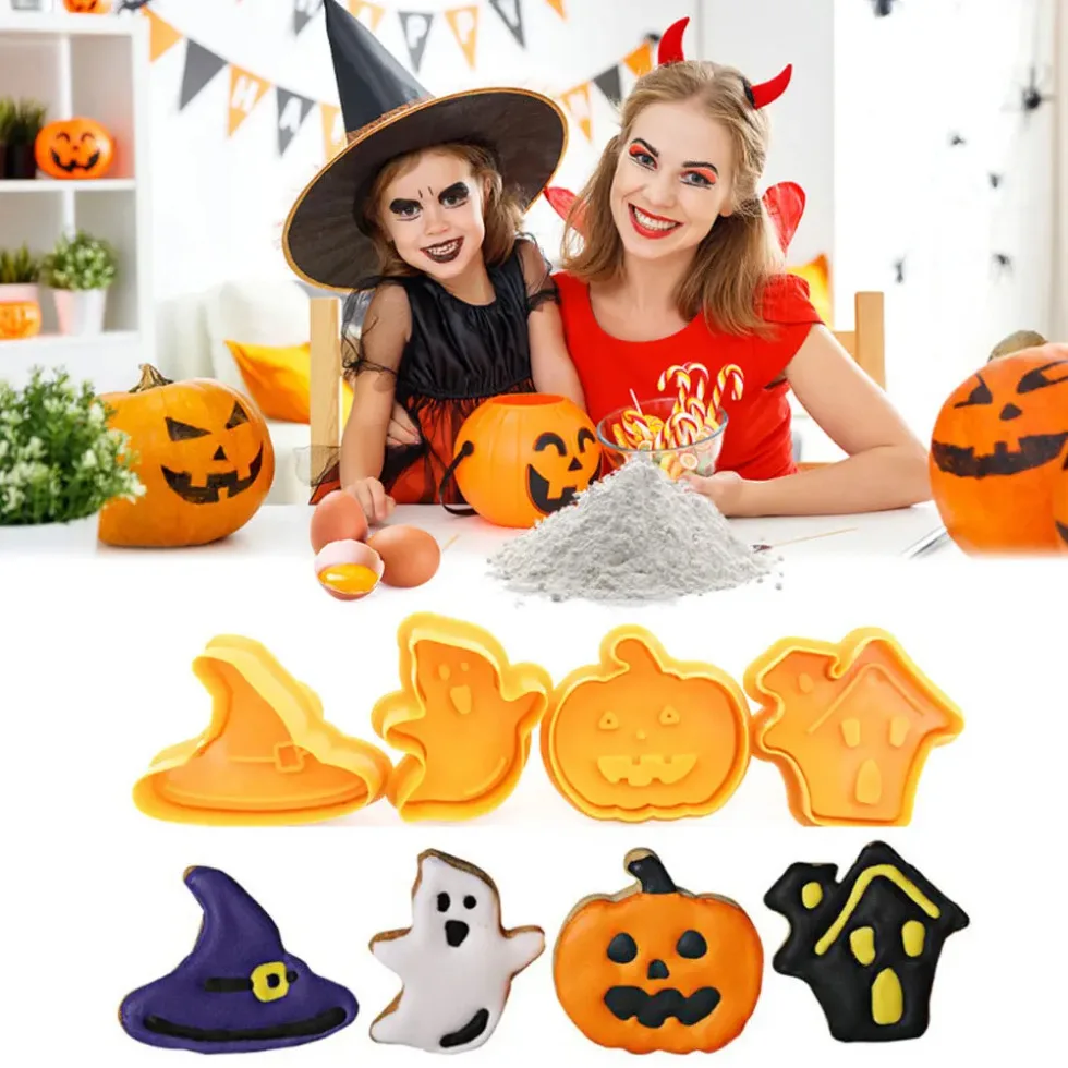 4pcs Halloween Pumpkin Ghost Candle Molds Set Cookie Cake Styling Design Cutter Fondant Candy Mold Home Decoration Tools