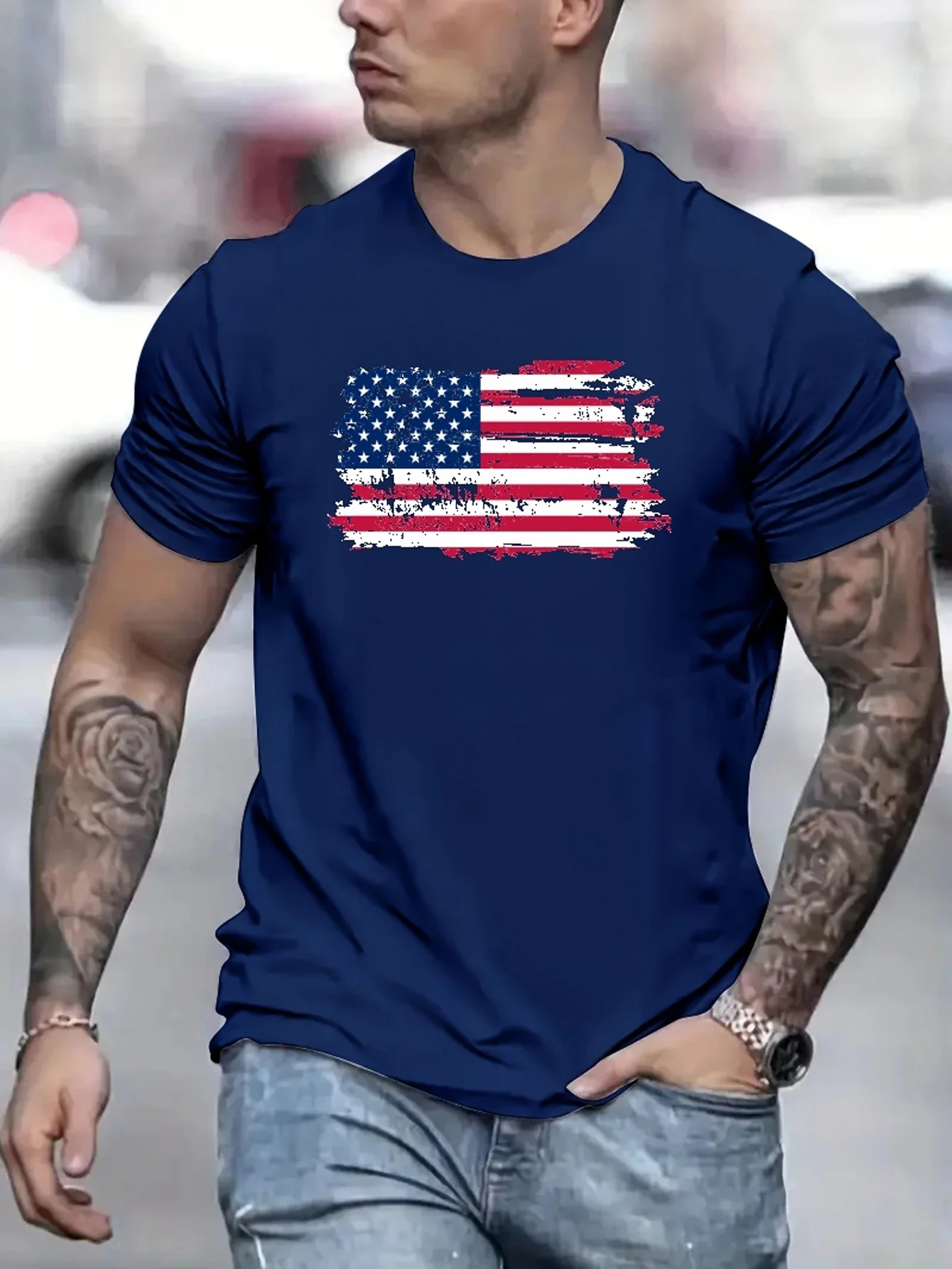 American Flag Men\'s Vintage T-shirt For Summer Outdoor, Casual Mid Stretch Crew Neck Tee Short Sleeve Graphic Stylish Top