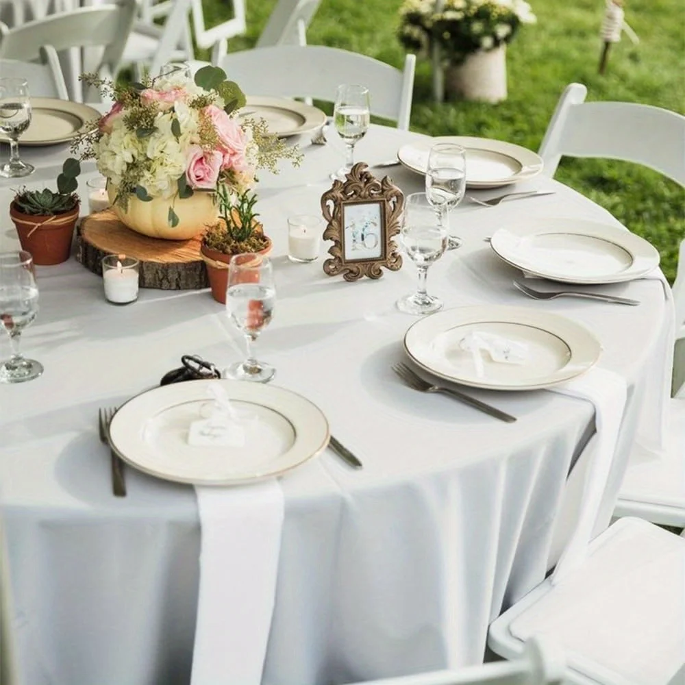 Paquete de 10 manteles redondos blancos de 83 pulgadas, tela de poliéster resistente a las manchas y arrugas, mantel lavable para boda