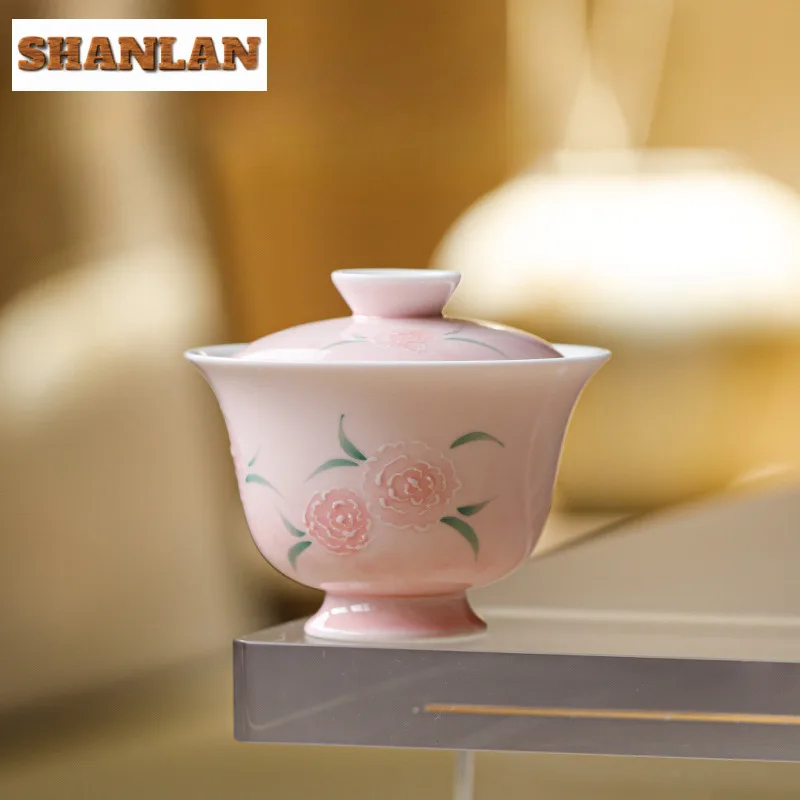 

100ml Pink Glaze Pile Painting Flower Gaiwan Boutique Tea Tureen Tea Bowl With Lid Kit Tea Brewing Cover Bowl Tea Set Ornaments