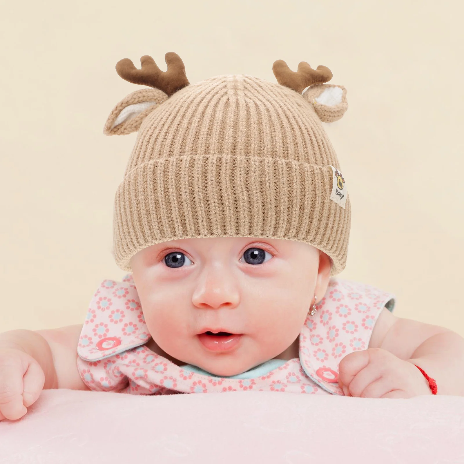 

24pcs Cartoon Reindeer Knit Hat For Baby Winter Warm Thickened Children Wool Cap Kids Knitting Hat For 3- Months Newborn Khaki