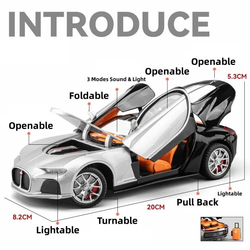 1/24 Bugatti Atlantic Diecast Toy Car Vehicle Miniature Classic Model Pull Back Sound & Light Collection Gift For Boy Children