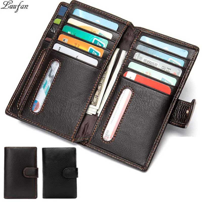 Genuine Leather Men's Long Wallet Cow Leather Simple Design Hasp Trifold Male Clutch Business Purse Phone Pocket Black