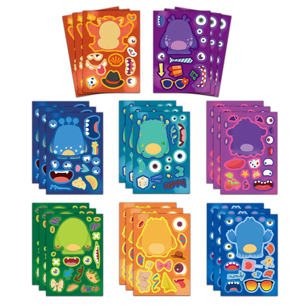 8/16Sheets Little Monster Makes a Face Puzzle Sticker DIY Phone Laptop Luggage Skateboard Graffiti Decals Fun for Kid Gift