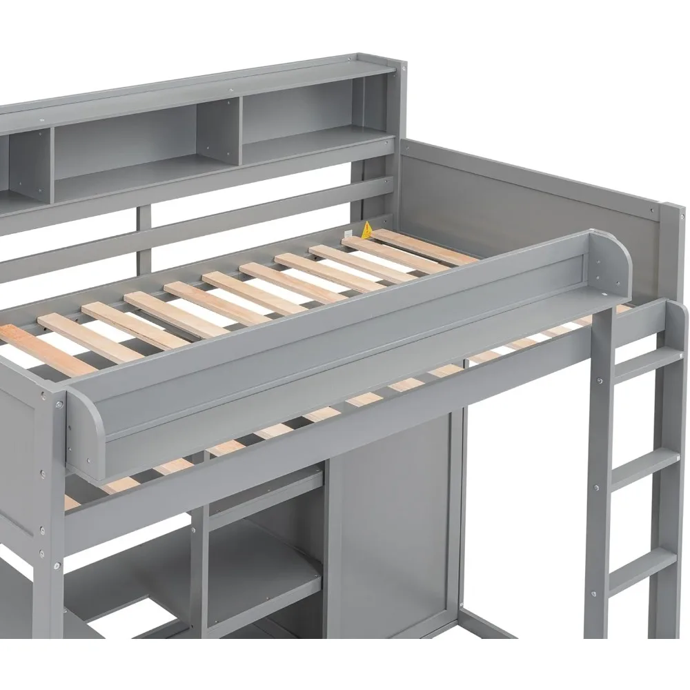 سرير علوي مزدوج الحجم من الخشب الصلب مع خزانة تخزين مكتبية وأرفف، إطار سرير علوي لخزانة الكتب الوظيفية لغرفة الأطفال #5