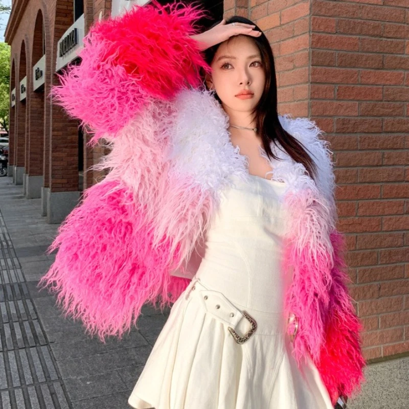 

Woman Faux Mink Fur Coat Imitation Fox Fur Jacket Rose Pink Gradient Color Beach Wool Patchwork Parka Lamb Furry Cardigan Tops