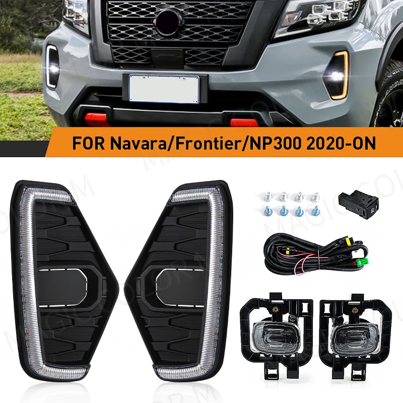 LED Fog Lamp DRL Daytime Running Light For Nissan Navara NP300 Frontier 2020 2021 2022 Driving White Yellow Turn Signal Lamp 12V