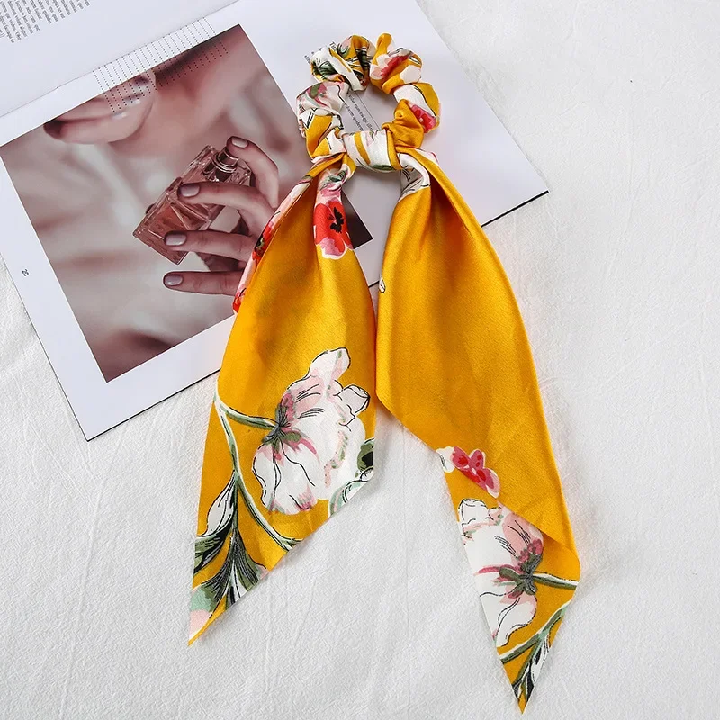 Romantic Silk Scarf  Rope Girl Hair Accessoires Retro Bow Hair Ring Chiffon Elastic Hair Bands Printed Ribbon Circle