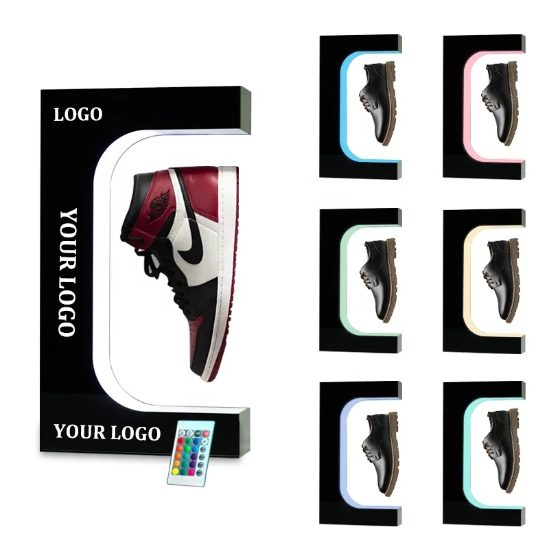 

Portable Eco-Friendly Fashion Magnetic Levitation Floating Shoes Display Stand ACrylic With LED Lights E-Shape Base