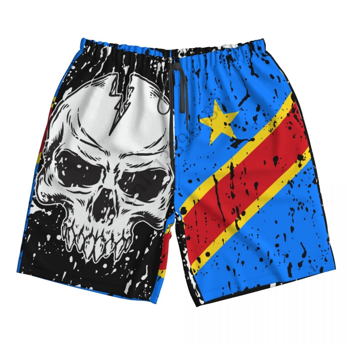 Democratic Republic Of Congo Flag Vintage Skull Men's Novelty Swimtrunks Quick Dry 3D Printed Mesh Lining Beach Board Shorts