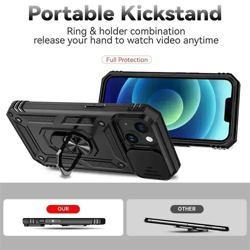 Ring Stand Rotating Slide Camera Lens Military Grade Armor Case for iPhone 17 16 E 14 13 12 11 15 Pro Max Plus Mini Cover