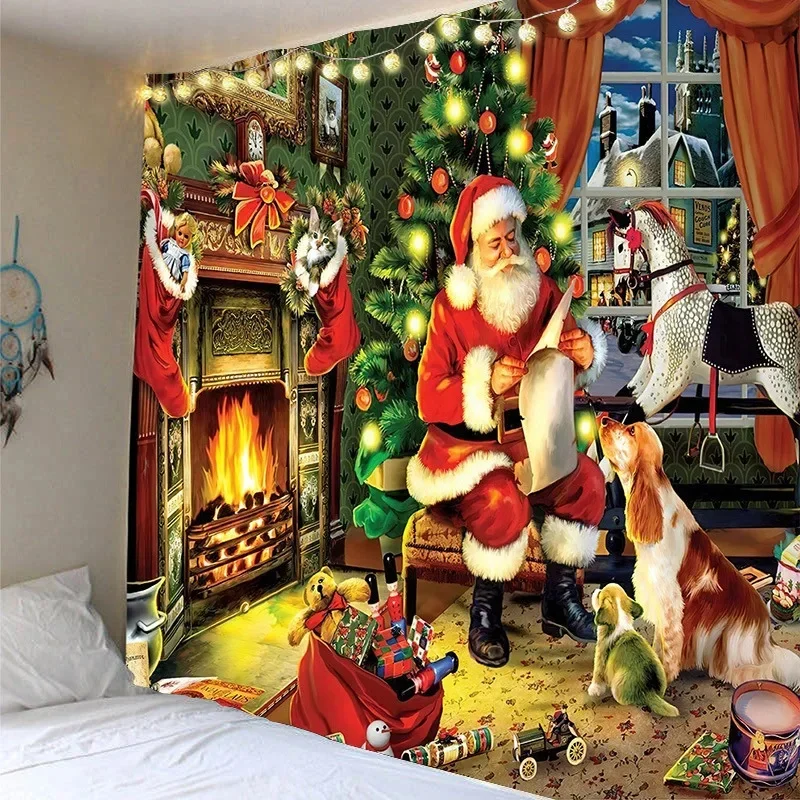 VIKAMA Santa Claus Sleigh Reindeer Tapestry Night Moon Snow City Gift Box Wall Hanging Xmas Holiday Party Photo Background Decor