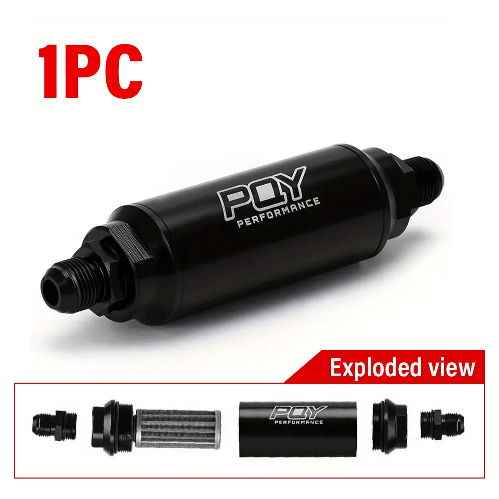 A Car Gasoline Filter 44Mm, With AN6 And AN8 Connectors For Adaptation, 100 Micron Stainless Steel Filter Element