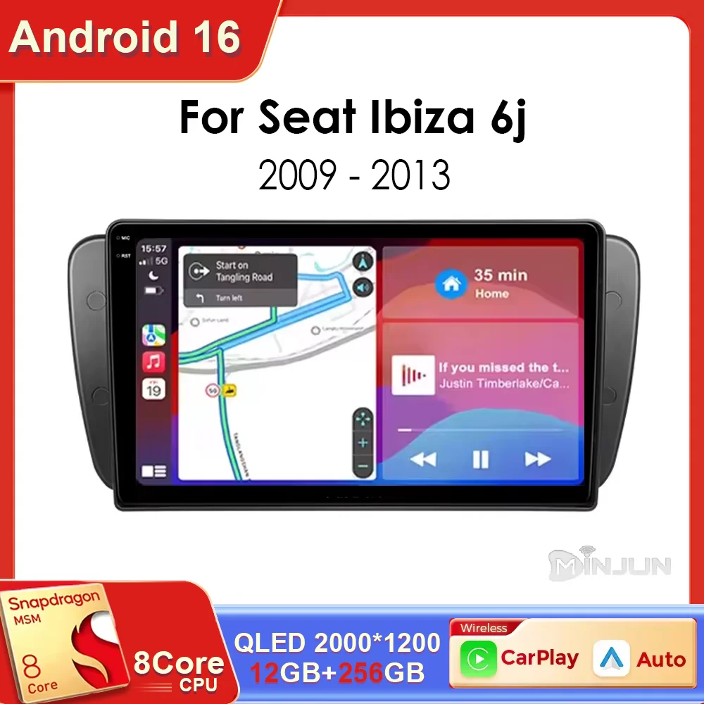 Radio para Auto Android 16 para Seat Ibiza MK4 6J 2008-2015, Reproductor Multimedia, CarPlay, Android Auto, GPS, Bluetooth, Unidad Principal para Auto de 9 Pulgadas