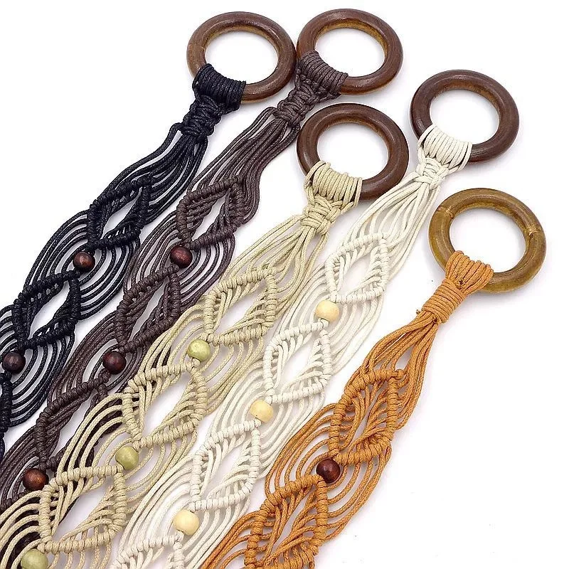 Unisex Solid Color Wax Cord Braided Belt With Round Wooden Ring Buckle Beaded Details Tassel Braided Design And Adjustable Belt