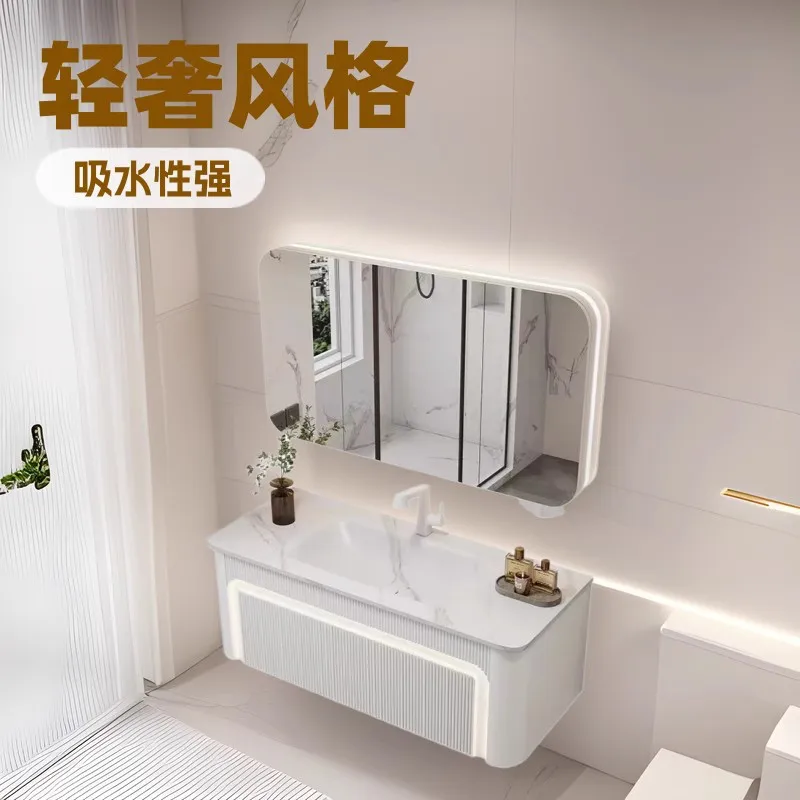 Bathroom cabinet combination light luxury simple wash basin cabinet rock slab hot bending integrated washbasin