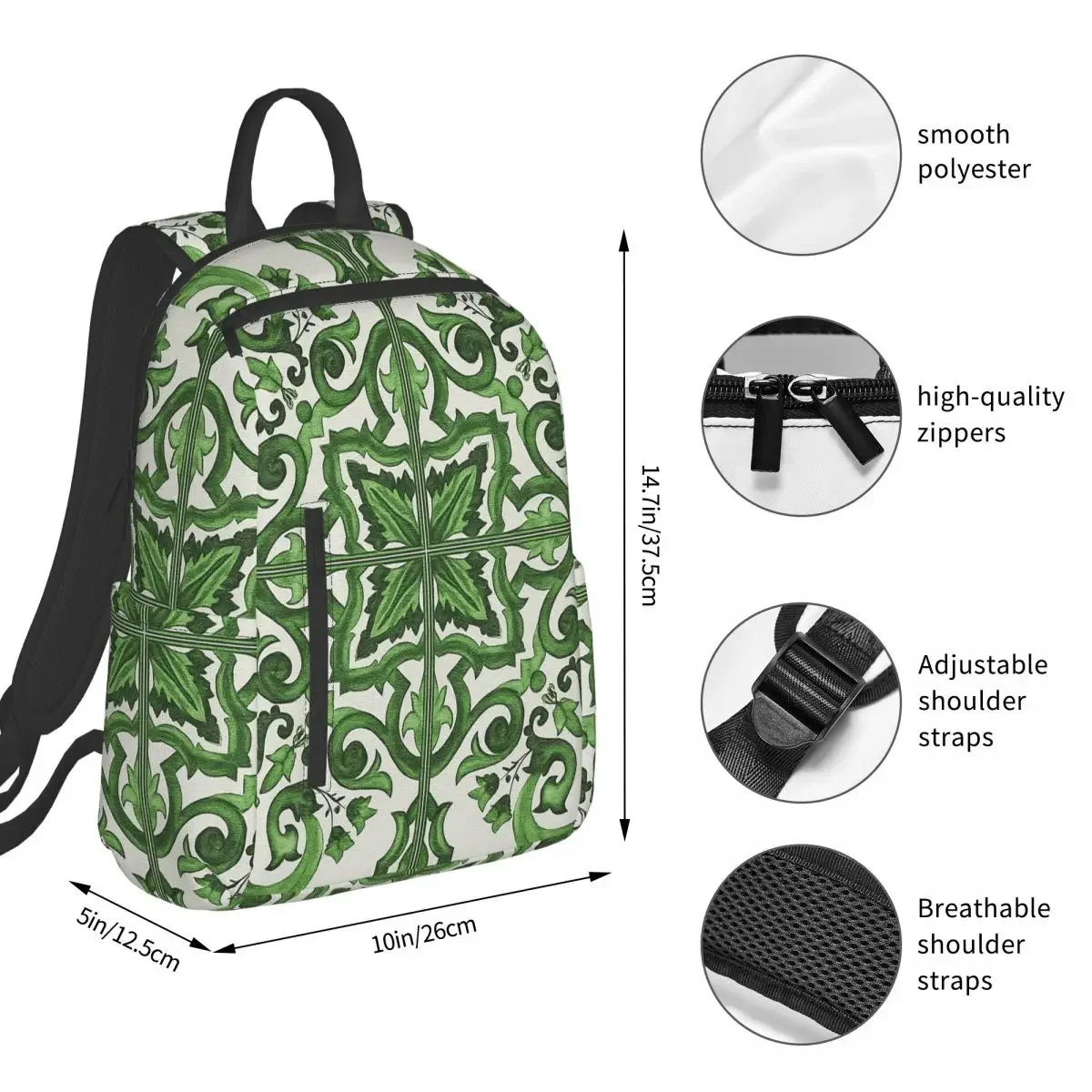 Green Ornate Floral Mediterranean Sicilian Tile Backpack Large Capacity Children BookBag School Bag Shoulder Bags for Men Women