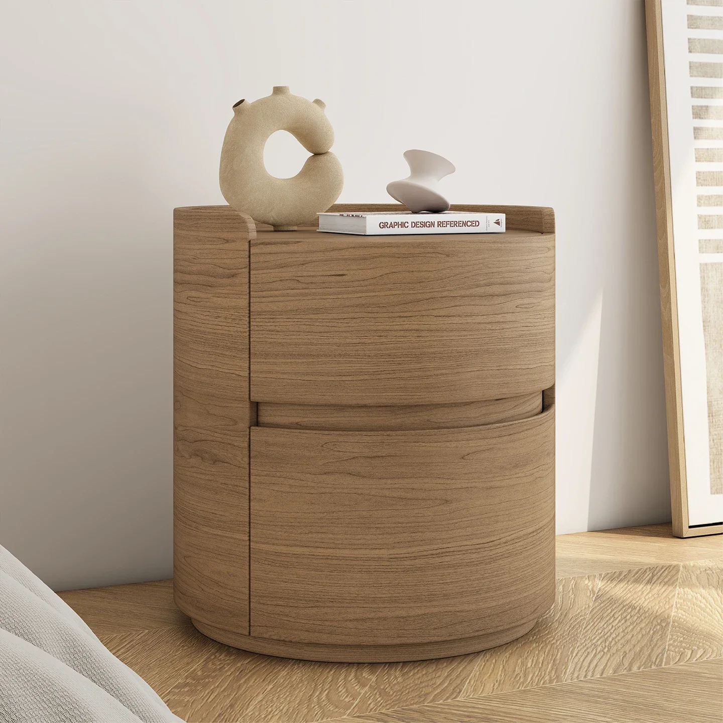 Nordic Walnut Barrel Bedside Table Bedroom Creative Texture Drawer Storage Cabinet Modern Furniture A568