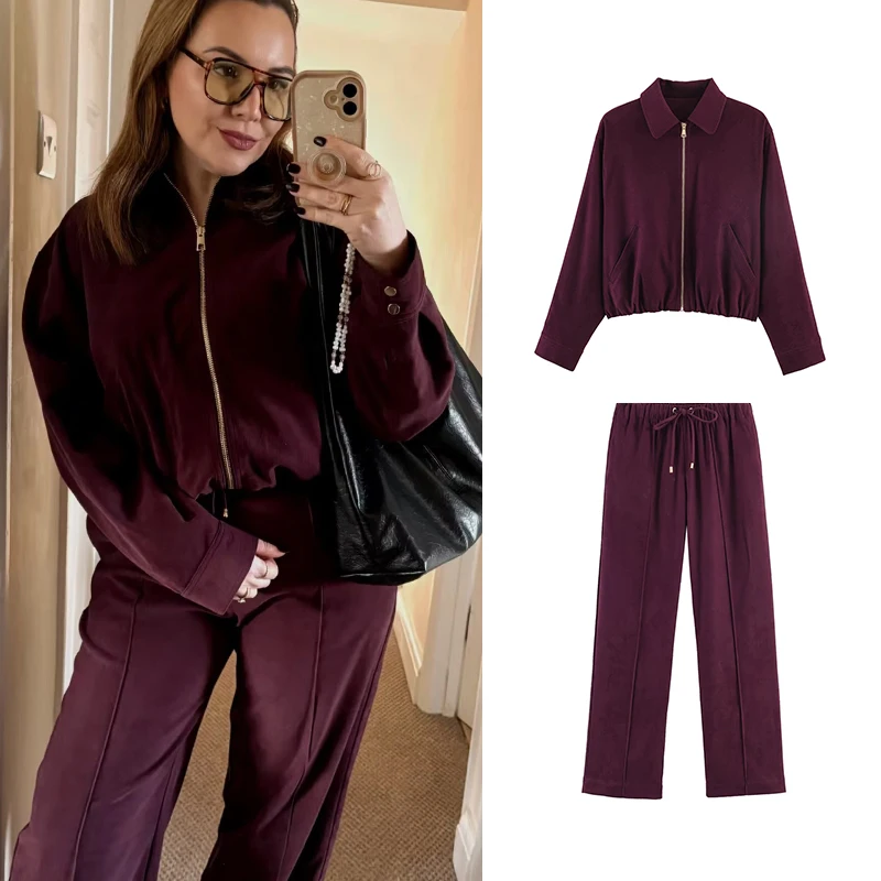 SLTNX Trendy Casual Pants Set Women Elegant High Street Loose Lapel Zipper Jacket, Drawstring Trousers 2026 Spring Set