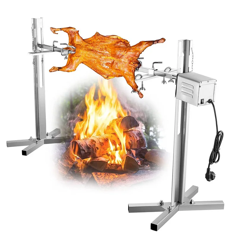 Height Adjustable Stainless Steel Portable Tripod Lamb Pig Rotating Spit BBQ Grill Rotisserie Kit with Motor