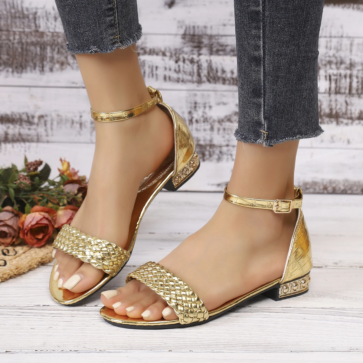 

Women Sandals Plus Size Ankle Buckle Casual Shoes Woman Summer Woven Band Thick Heel Shoes for Women Comfy High Heels Sandals