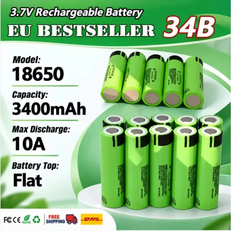 Der neue wiederaufladbare Lithium-Ionen-Akku 18650 INR18650-34B mit 3,7 V und 3400 mAh und einer Kapazität von 20 A ist für tragbare Taschenlampen, Spielzeug und Elektrowerkzeuge konzipiert.