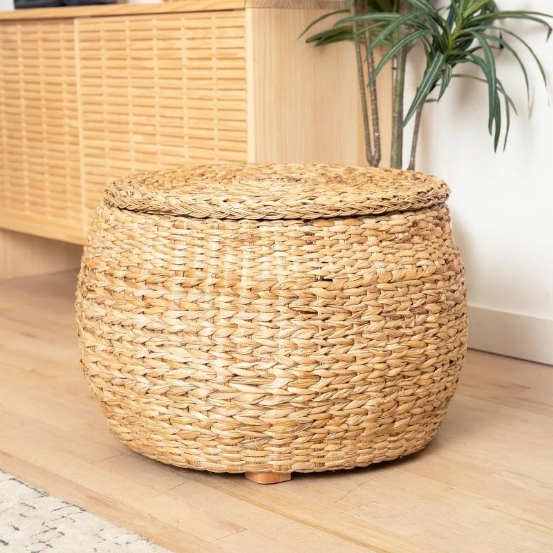 

Round Storage Ottoman 24 inch Wicker Coffee Table Rattan Seagrass Foot Rest Stool with Large Lid for Living Room, Bedroom