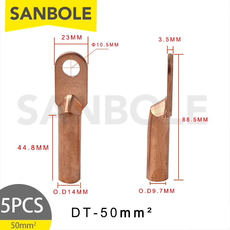 5pcs Wiring 50mm2 Terminal DT-50 Open Barrel Wire Crimp Connector Copper Ring Lug Terminals Eyelets Tubular