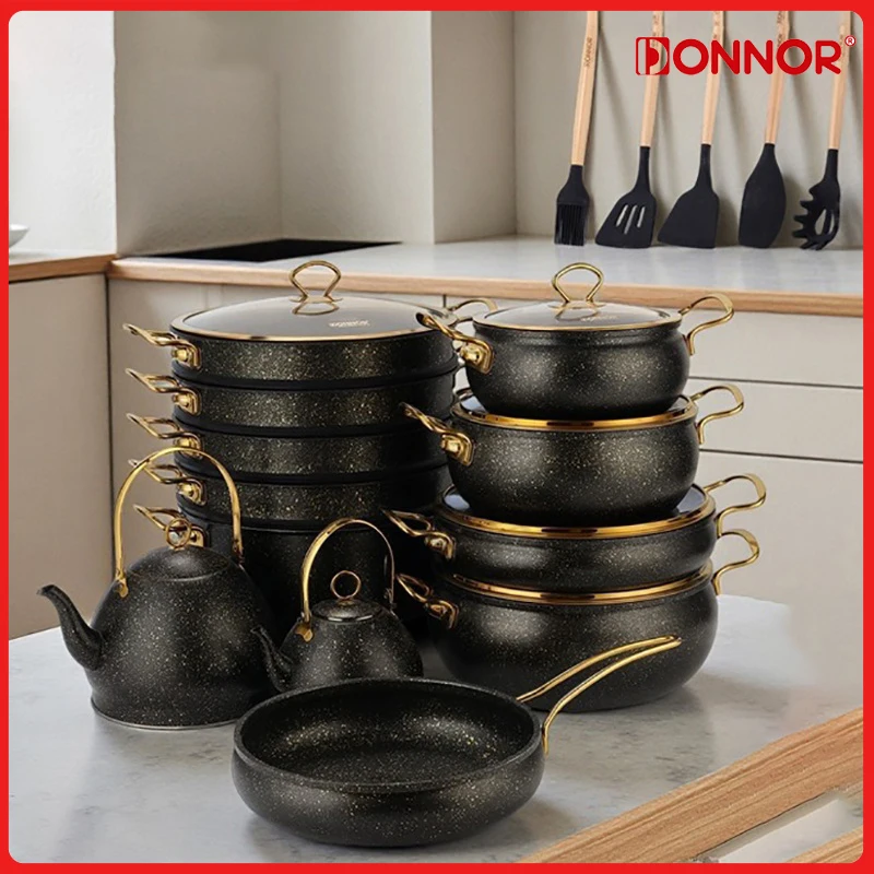 DONNOR 11/24 шт., набор посуды с антипригарным покрытием, кастрюля для супа с стеклянной крышкой, сковорода, плиты, универсальный набор кухонных кастрюль