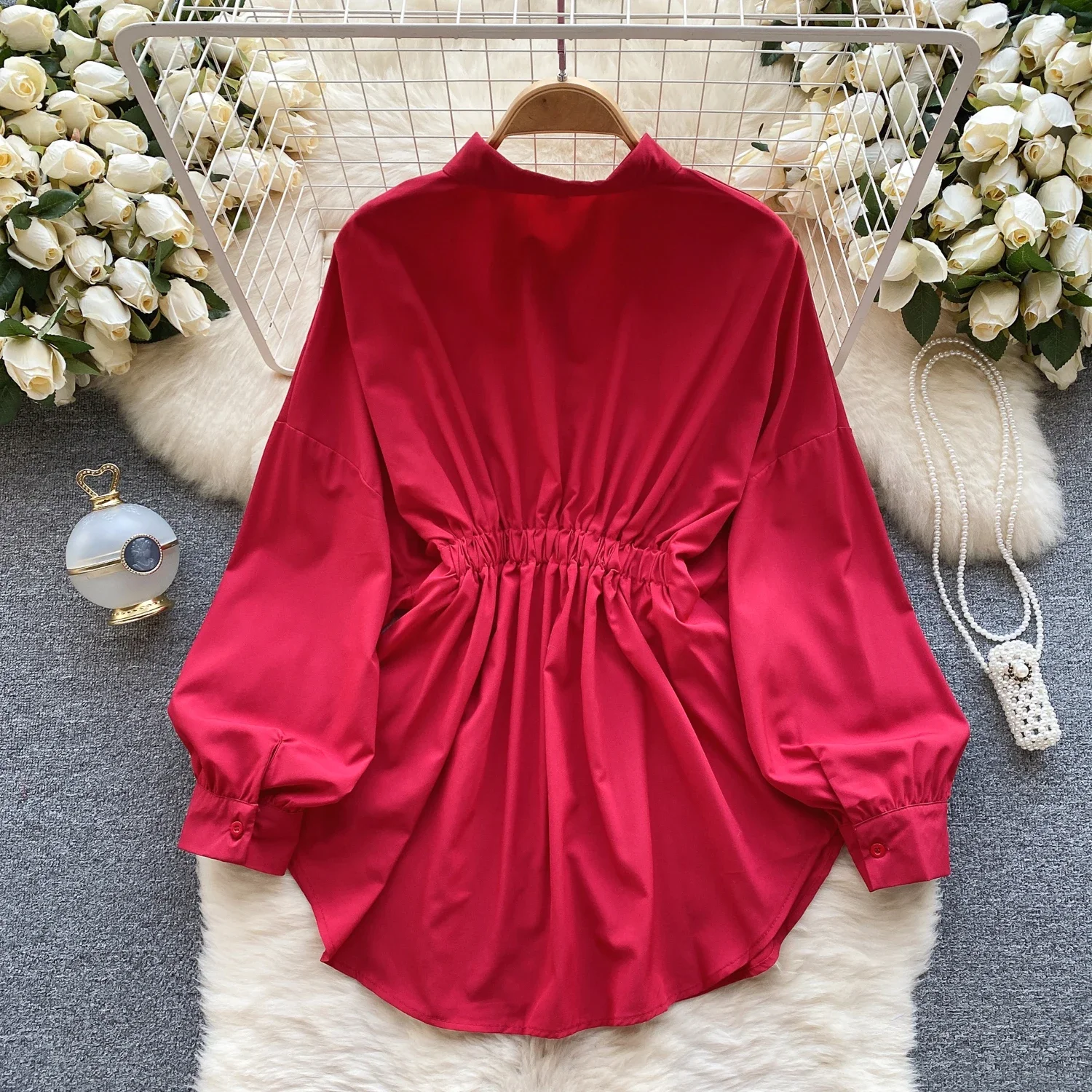 Elegant Chic solid Plelated Dress beit A-line Casual  Puff Sleeve Long sleeves O-Neck High  Spring Summer Vacation Robe