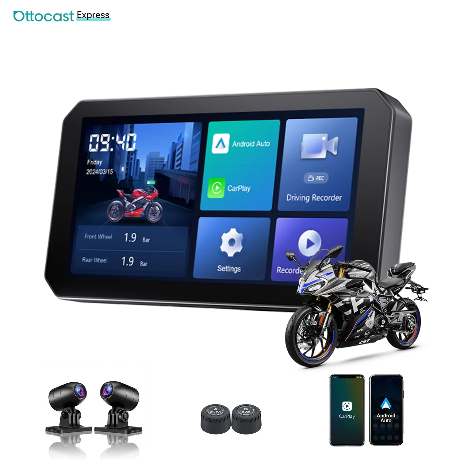 Ottocast Express motorfietsdisplay 6,0 inch IP67 waterdichte GPS draadloze Carplay Android Auto DVR Drive Recorder Moto Monitor - afbeelding 2