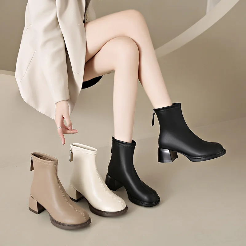 Women's Rubber Boots Shoes Luxury Designer Back Zip Zipper Round Toe Boots-Women Chelsea Rain Fashion High Heel Ladies Rock Ankl