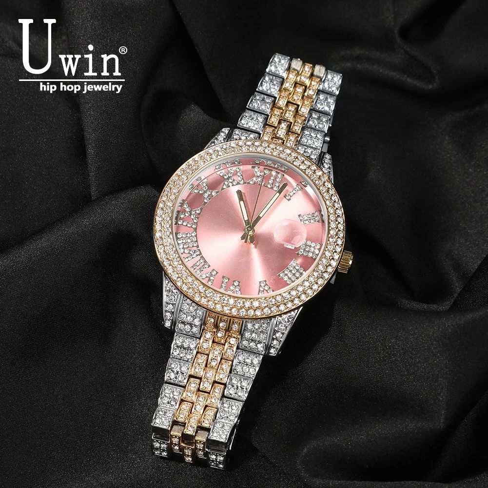 Uwin Luxury Wrist Wacth Big Pink Dial Full Iced Out Two Tone Quartz Clock Business Waterproof Watches For Men Women