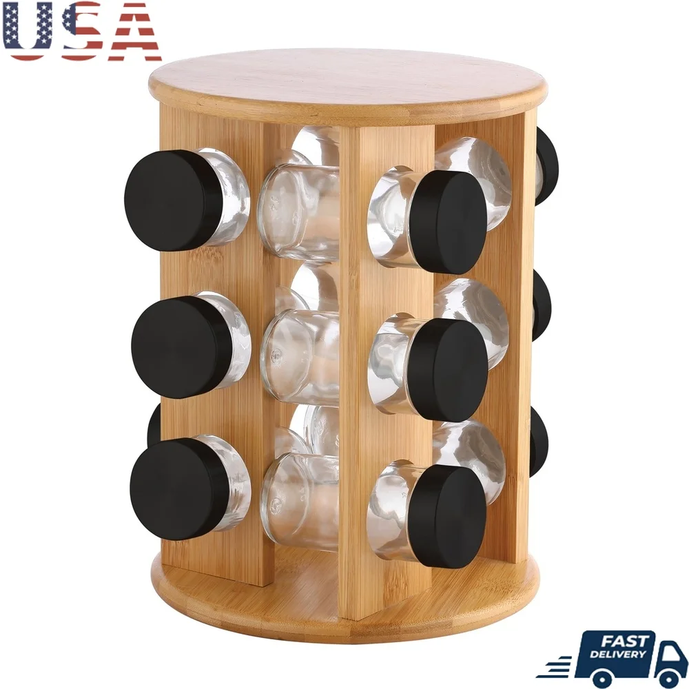 12 Jar Spice Rack Organizer Rotating Base Kitchen Storage Compact Stackable Wood and Glass Design See Through Spice Container