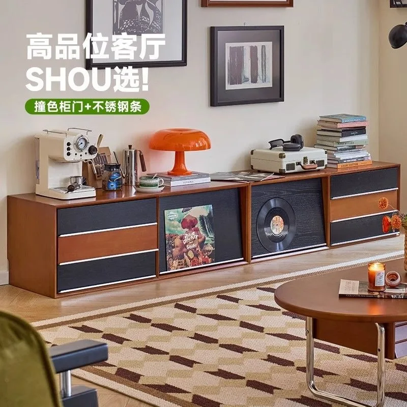 Floor TV cabinet Living room Home storage Locker Integrated medieval solid wood TV cabinet Module combination cabinet