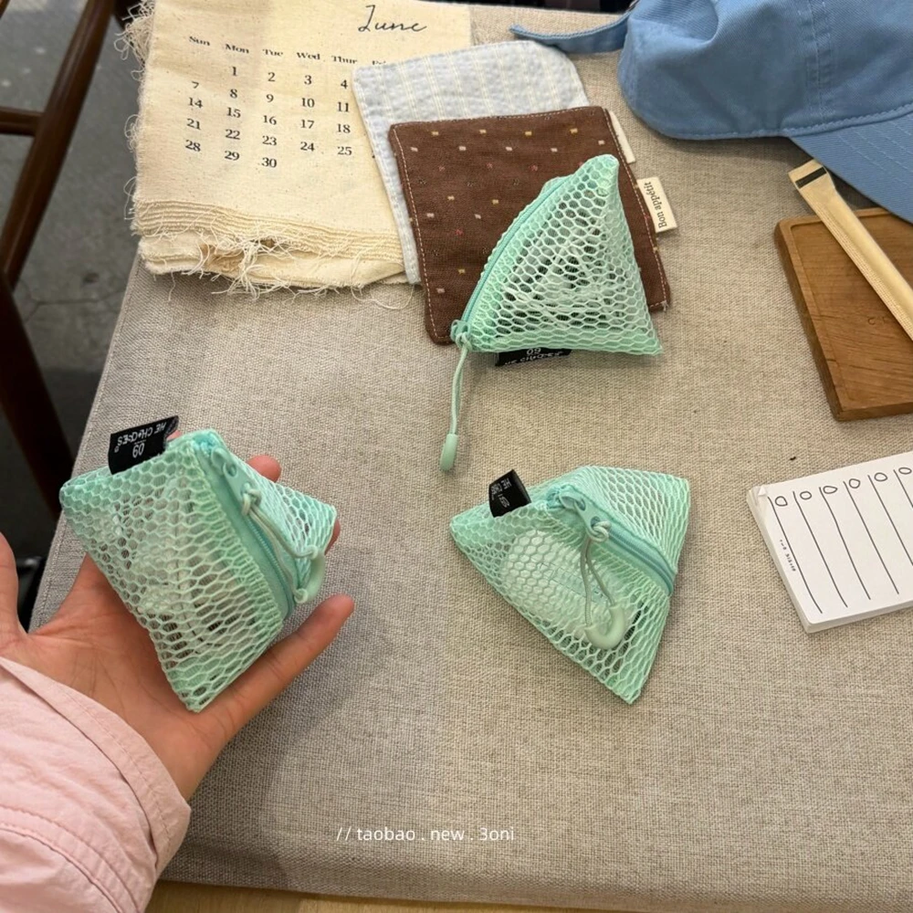 Y2K Summer Mint Green Triangular Pendant Storage Bag Keychain Lipstick Earphones Wallet Headphone Cable Organizer Portable Bag